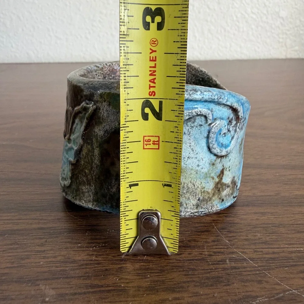 Wide Pottery Cuff Bracelet Ceramic Bangle Turquoise Butterfly Patina Boho NICE